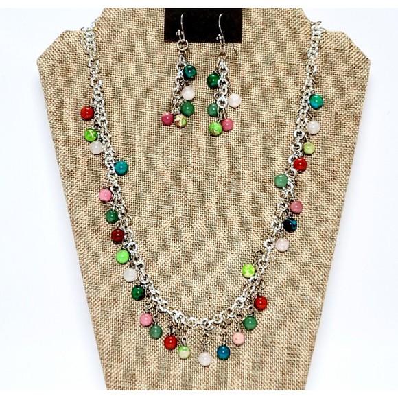 Genuine Agate Round Bead Multicolor Silver Tone Necklace & Drop Earrings Set New - Picture 4 of 11
